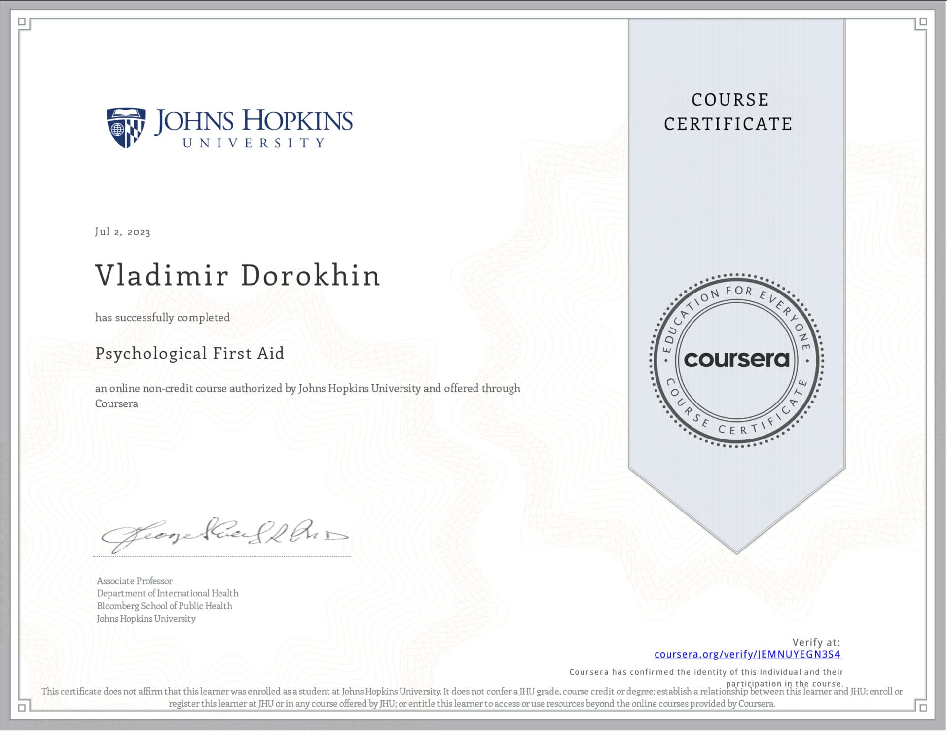 Psychological First Aid (university course certificate of Vladimir Dorokhin).
