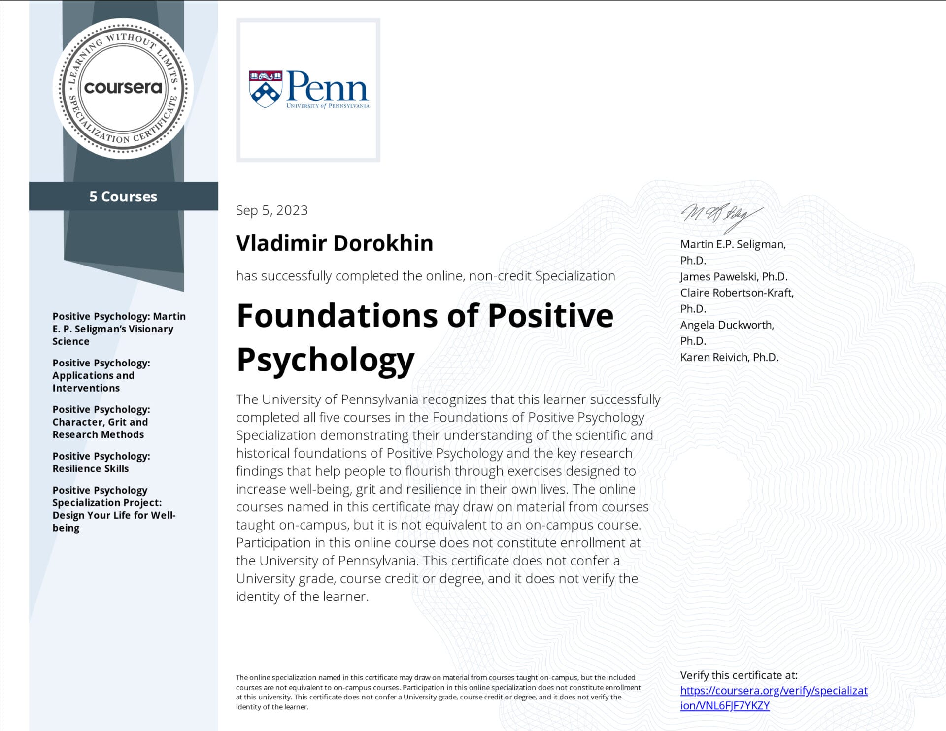 Foundations Of Positive Psychology (university specialization certificate of Vladimir Dorokhin).